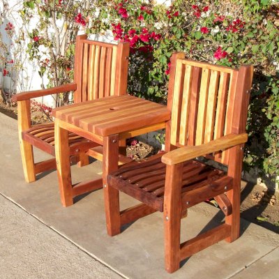 Ruth Vignette Wood Settee (Options: California Redwood, Slightly Rounded Corners, Umbrella Hole, No Custom Cushion, Transparent Premium Sealant).