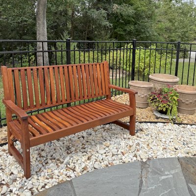 Ruth Wooden Bench (Options: 5 ft, Mature Redwood, No Cushion, No Engraving, Transparent Premium Sealant). Photo Courtesy of M. Kramer of Lottsburg, VA.