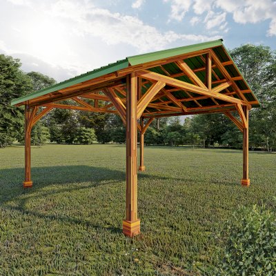 San Carlos Carport Pavilion (Options: 20' L x 20' W, Mosaic Redwood). Image shown is a scaled rendering.