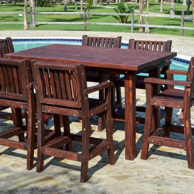 San Francisco Large Outdoor Cocktail Table (Options: 6ft Length, 31 1/2 inches wide, Cocktail Bar Stools, Redwood, Table Height 44 inch height, 6 Stools, No Swivel, No Cushions, Standard Tabletop, Squared Corners, No Umbrella Hole, Coffee-Stain Premium Sealant).