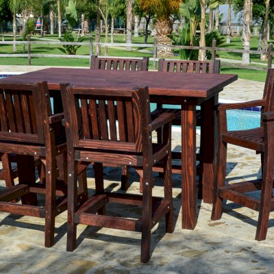 San Francisco Large Outdoor Cocktail Table (Options: 6ft Length, 31 1/2 inches wide, Cocktail Bar Stools, Redwood, Table Height 44 inch height, 6 Stools, No Swivel, No Cushions, Standard Tabletop, Squared Corners, No Umbrella Hole, Coffee-Stain Premium Sealant).