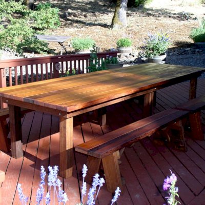 San Francisco Redwood Patio Table (Options: 12' L, 46" W Tabletop, Side Benches, Mature Redwood, Classic Forever Benches, 2 Half Length Benches Per Side, Standard Tabletop, Squared Corners, No Umbrella Hole, Transparent Premium Sealant).