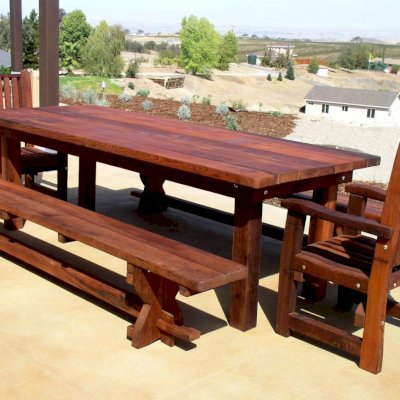 San Francisco Redwood Patio Table (Options: 8' L, 34 1/2" W Tabletop, Benches & End Armchairs , Old-Growth Redwood, Ruth Chairs, No Cushions, Trestle Benches, 1 Full Length Benches Per Side, Standard Tabletop, Rounded Corners, No Umbrella Hole, Transparent Premium Sealant).