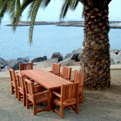San Francisco Redwood Patio Table (Options: 8' L, 34 1/2" W Tabletop, Chairs, Mature Redwood, 8 Chairs, Ruth Chair Design, All Armchairs, No Cushions, Standard Tabletop, Squared Corners, No Umbrella Hole, Transparent Premium Sealant).