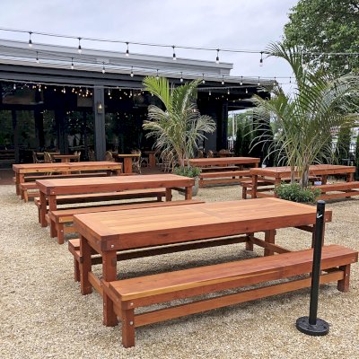 Custom San Francisco Redwood Patio Table (Options: 8' L, 40 1/4" W Tabletop, Attached Benches Per Custom Request, California Redwood, Old-Country Tabletop, Rounded Corners, No Umbrella Hole, Transparent Premium Sealant). Photo Courtesy of B. Fonfiglio of Freehold, New Jersey.