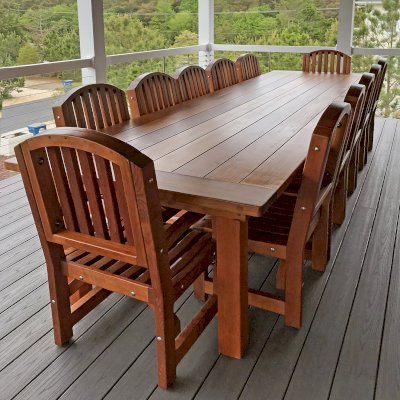 San Francisco Redwood Patio Table (Options: 12' L, 48" W Tabletop, Chairs, Mature Redwood, 12 Chairs, Luna Chair Design, 2 Armchairs & Side Chairs, No Cushions, Old Country Tabletop, Standard , Slightly Rounded Corners, No Umbrella Hole, Transparent Premium Sealant). Photo Courtesy of John Eklund of Bethany Beach, Delaware.