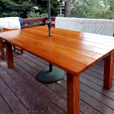 San Francisco Redwood Patio Table. This is how a tabletop looks about an hour after resealing (dry to the touch in 6 hours). Photo Courtesy of M. Colbruno of Oakland, CA.