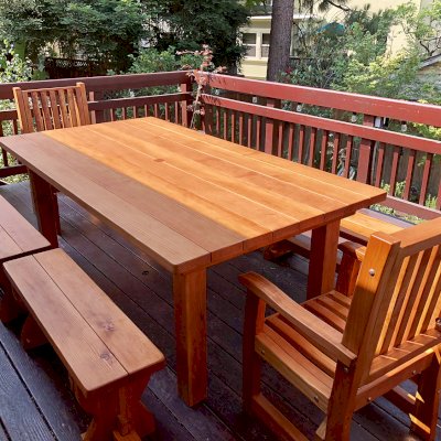 San Francisco Redwood Patio Table (Options: 7' L, 46" W, Benches & End Armchairs, California Redwood, Ruth Chairs, Trestle Benches, 2 Half Length Benches Per Side, Standard Tabletop, Slightly Rounded Corners, 1 5/8" Diameter Umbrella Hole, Transparent Premium Sealant). Photo Courtesy of M. Colbruno of Oakland, CA.