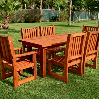 San Francisco Redwood Patio Table (Options: 6' L, 34 1/2" W Tabletop, Chairs, California Redwood, 6 Chairs, Ruth Chair Design, 2 Armchairs + Side Chairs, No Cushions, Standard Tabletop, Square Corners, No Umbrella Hole, Transparent Premium Sealant). 