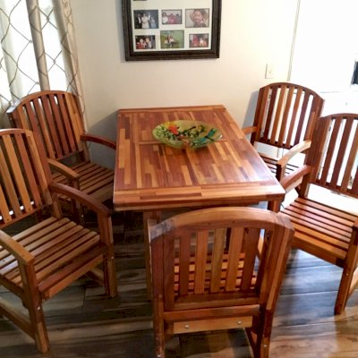 San Francisco Redwood Patio Table (Options: 5' L, 36" W Tabletop, Mosaic Redwood, Chairs, Luna Chairs, Old Country Tabletop, Seamless, Rounded Corners, No Umbrella Hole, Transparent Premium Sealant). Photo Courtesy of R. Bly of Fontana, CA.