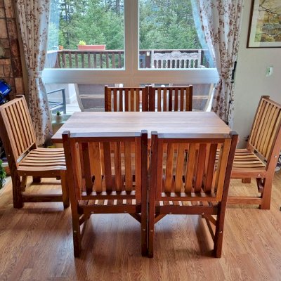 San Francisco Redwood Patio Table (Options: 5' L, 34 1/2" W Tabletop, Chairs, California Redwood, 6 Chairs, Ruth Chair Design, All Side Chairs, No Cushions, Seamless Tabletop, Slightly Rounded Corners, No Umbrella Hole, Transparent Premium Sealant). Photo Courtesy of K. Strickland of Comptche, CA.