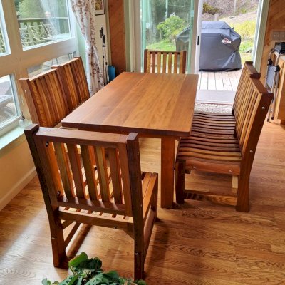 San Francisco Redwood Patio Table (Options: 5' L, 34 1/2" W Tabletop, Chairs, California Redwood, 6 Chairs, Ruth Chair Design, All Side Chairs, No Cushions, Seamless Tabletop, Slightly Rounded Corners, No Umbrella Hole, Transparent Premium Sealant). Photo Courtesy of K. Strickland of Comptche, CA.