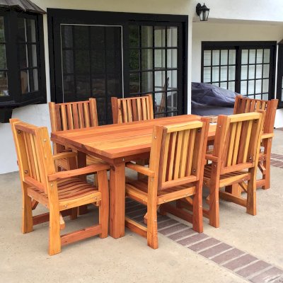 San Francisco Redwood Patio Table (Options: 6 ft, 40 1/4" W Tabletop, Chairs, California Redwood, 6 Chairs, Ruth, All Arm Chairs, No Cushions, Standard Tabletop, Slightly Rounded Corners, 2" Umbrella Hole, Transparent Premium Sealant). Photo Courtesy of B. Hohl of Newport Beach, CA.