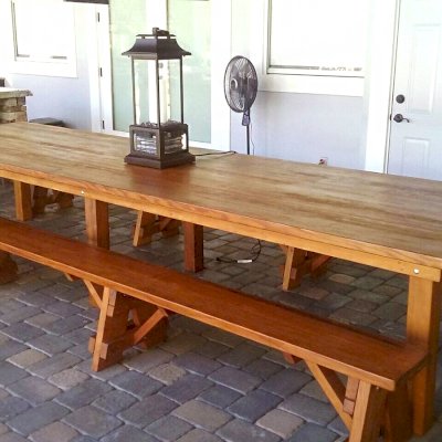 San Francisco Redwood Patio Table (Options: 14' L, 46" W Tabletop, Old-Growth Redwood, Side Benches, Classic Picnic Benches, Seamless Tabletop, Slightly Rounded Corners, No Umbrella Hole, Transparent Premium Sealant). Photo Courtesy of M. Pat Burke of Longwood, FL.