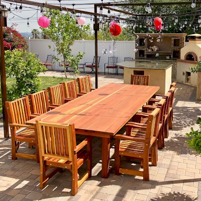 San Francisco Redwood Patio Table (Options: 12' L, 57 1/2" W Tabletop, California Redwood, Ruth Chairs, All Arm Chairs, Standard Tabletop, Slightly Rounded Corners, No Umbrella Hole, Transparent Premium Sealant). Photo Courtesy of R. Costigliolo of Glendora, CA.