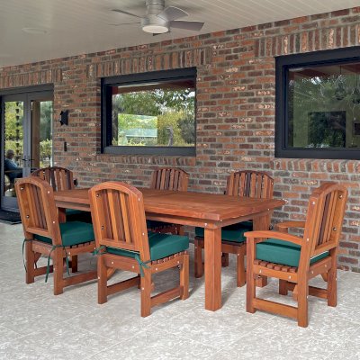 San Francisco Redwood Patio Table (Options: 8' L, 40 1/4" W Tabletop, Chairs, Old-Growth Redwood, 6 Chairs, Luna Chair Design, 2 Armchairs + Side Chairs, with 6 Forest Green Cushions, Old Country Tabletop, Standard, Slightly Rounded Corners, Stainless Steel hardware, No Umbrella Hole, Transparent Premium Sealant). Photo Courtesy of D. Testa of Calistoga, CA.