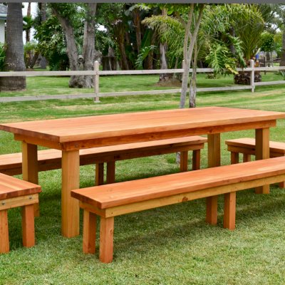 San Francisco Redwood Patio Table (Options: 8' L, 40 1/4" W Tabletop, Side & End Benches, Douglas-fir, Patio Bench, 1 Full Length Bench Per Side, Standard Tabletop, Squared Corners, No Umbrella Hole, Transparent Premium Sealant).