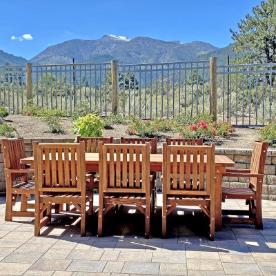 San Francisco Redwood Patio Table (Options: 8' L, 46" W Tabletop, Chairs, California Redwood, 8 Chairs, Ruth Chair Design, 2 Armchairs & Side Chairs, No Cushions, Old Country Tabletop, Standard, Slightly Rounded Corners, No Umbrella Hole, Transparent Premium Sealant). Photo Courtesy of T. Bordigioni of Reno, NV.