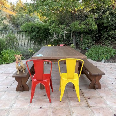 San Francisco Redwood Patio Table (Options: 10' L, 48" W Tabletop, California Redwood, Side Benches, 2 Half Length Benches Per Side, Trestle Bench Style, Old Country Tabletop, Standard, Slightly Rounded Corners, 2" Umbrella Hole, Coffee-Stain Premium Sealant). Photo Courtesy of L. White of Castro Valley, CA.