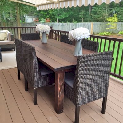 San Francisco Redwood Patio Table (Options: 7' L, 40 1/4" W Tabletop, California Redwood, No Seating [Photo shows customer's chairs], No Cushions, Standard Tabletop, Slightly Rounded Corners, No Umbrella Hole, Coffee-Stain Premium Sealant). Photo Courtesy of K. Konetsky of Williamsburg, VA.