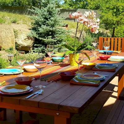 San Francisco Redwood Patio Table (Options: 10' L, 46" W Tabletop, Benches & End Armchairs, Mature Redwood, Ruth Chair Style, No Cushion, Classic Picnic Benches Style, 1 Full Length Bench Per Side, Standard Tabletop, Squared Corner (3/16-inch radius), No Umbrella Hole, Transparent Premium Sealant)). Long Beach, CA. Participant of Photo Contest 2017.
