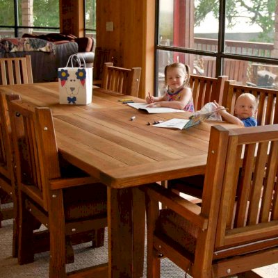 San Francisco Redwood Patio Table (Options: 10 ft, 46" W Tabletop, Chairs, California Redwood, 8 Chairs, Ruth, All Arm Chairs, 8 Custom Color Cushions, Old Country Tabletop - Standard, Rounded Corners, No Umbrella Hole, Transparent Premium Sealant). Photo Courtesy of Jennifer C. of Livingston, TX