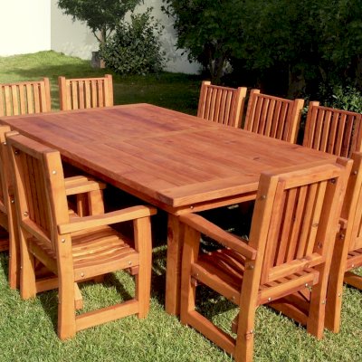 San Francisco Redwood Patio Table (Options: 10' L, 57 1/2" W Tabletop, Chairs, Douglas-fir, 10 Chairs, Ruth Chair Design, All Armchairs, No Cushions, Old-Country Standard Tabletop, Slightly Rounded Corners, No Umbrella Hole, Transparent Premium Sealant).