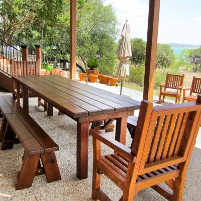 San Francisco Redwood Patio Table (Options: 8'L, 28 3/4'' W Tabletop, Benches & End Armchairs, Mature Redwood, Massive Chairs, No Cushions, Classic Picnic Bench, 2 Half Length Benches Per Side, Standard Tabletop, Rounded Corners, No Hole, Table and Benches with Coffe-Stain Sealant, and Chairs with Transparent Premium Sealant).