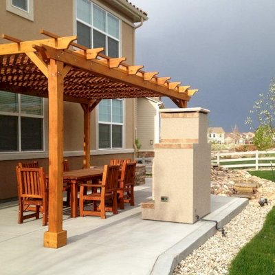 San Francisco Redwood Patio Table (Options: 8' L, 46" W Tabletop, Chairs, California Redwood, 6 Chairs, Ruth Chair Design, All Arm Chairs, No Cushions, Standard Tabletop, Slightly Rounded Corners, No Umbrella Hole, Transparent Premium Sealant).