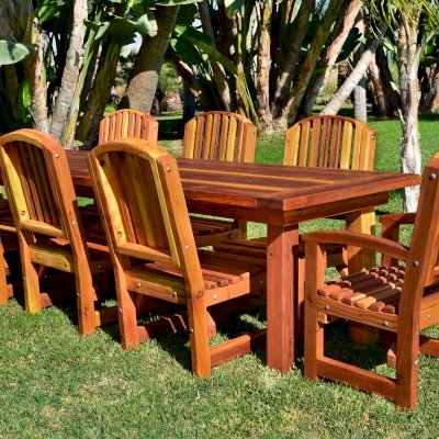San Francisco Redwood Patio Table (Options: 10' L, 34 1/2" W Tabletop, Chairs, California Redwood, 8 Chairs, Ruth, 2 Armchairs + Side Chairs, No Cushions, Old-Country Tabletop - Standard, Squared Corners, No Umbrella Hole, Transparent Premium Sealant).