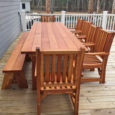 San Francisco Redwood Patio Table (Options: 10' L, 40 1/4" W Tabletop, California Redwood, Ruth Chair Design, Patio Benches on One Side, and Chairs on the Other Side and Ends by Custom Request, All Armchairs, No Cushions, Standard Tabletop, Slightly Rounded Corners, No Umbrella Hole, Transparent Premium Sealant). Photo Courtesy of R. Clements of Mt. Pleasant, SC. We can make our patio table sets with any seating configuration you like, just let us know if you don't see what you prefer in our options.