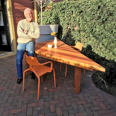 Custom design triangular San Francisco table by customer request. Yes, we can make them any size and shape you need!