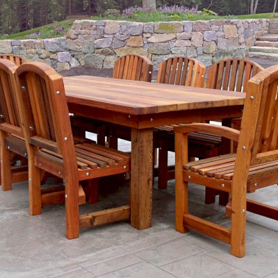 San Francisco Redwood Patio Table (Options: 8' L, 46" W Tabletop, Chairs, Mature Redwood, 8 Chairs, Luna Chair Design, 2 Armchairs & Side Chairs, No Cushions, Standard Tabletop, Rounded Corners, No Umbrella Hole, Transparent Premium Sealant).