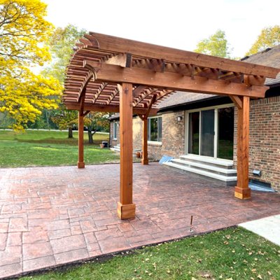 Sebastopol Pergolas (Options: 24' L x 14' Arc W, California Redwood, 4-Post Anchor Kit for High-Wind, with a Ceiling Fan Base, Transparent Premium Sealant). Photo Courtesy of M. Dorbeck of Brighton, Michigan.