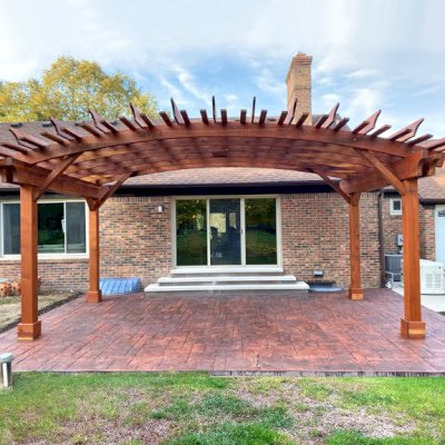 Sebastopol Pergolas (Options: 24' L x 14' Arc W, California Redwood, 4-Post Anchor Kit for High-Wind, with a Ceiling Fan Base, Transparent Premium Sealant). Photo Courtesy of M. Dorbeck of Brighton, Michigan.