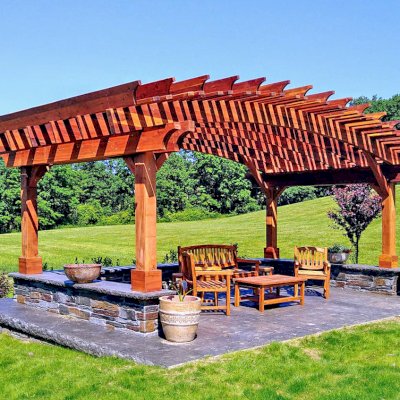 Sebastopol Pergolas (Options: 14' L x 22' Arc W, California Redwood, 4-Post Anchor Kit for High-Wind, Transparent Premium Sealant). Photo Courtesy of Peter King of Shaftsbury, Vermont.