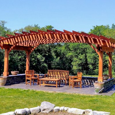 Sebastopol Pergolas (Options: 14' L x 22' Arc W, California Redwood, 4-Post Anchor Kit for High-Wind, Transparent Premium Sealant). Photo Courtesy of Peter King of Shaftsbury, Vermont.