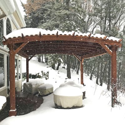 Custom Sebastopol Pergolas (Options: 20' L x 18' Arc W, California Redwood, 4-Post Anchor Kit for Concrete, with Lattice Panels by Custom Request, No Ceiling Fan Base, 10' H Posts, Transparent Premium Sealant). Photo Courtesy of E. Greenwood of Nevada City, California.