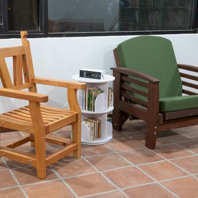 Segovia Chair (Options: With Arms, Douglas-fir, No Cushion, Transparent Premium Sealant). Photo Also Shows a Reclining Redwood Easy Chair.