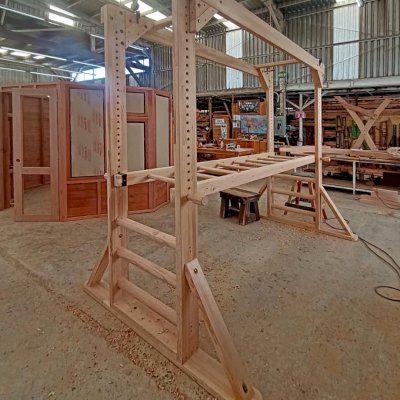 Sheldon's Monkey Bars in Production (Options: 9' L, Mosaic Douglas-Fir, 8' H, Round Step Option).
