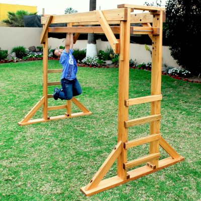 Custom Sheldon's Monkey Bars (Options: 7 ft H, 9ft L, Douglas-fir, 1" diameter rung spaced 12" apart, Standard Step Option, Transparent Premium Sealant). Shows Original design of Monkey Bar that was discontinued in 2018 - if you prefer this old design, let us know).