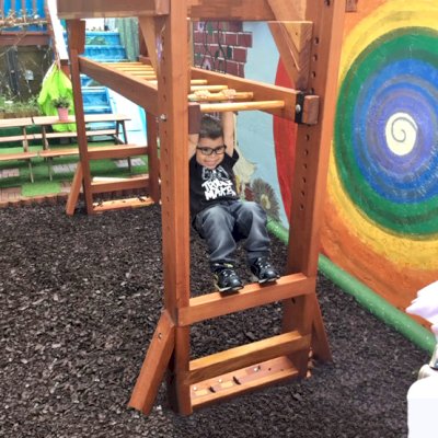Custom Sheldon's Monkey Bars (Options: 86 in L x 5 ft H by Custom Request, Mosaic Redwood, 1" Diameter Rungs Instead the Stardard 1 3/8", Rungs at 9" Spacing Instead of 12" Spacing, Standard Step Option, Transparent Premium Sealant). Photo Courtesy of V. McIntyre of Pacifica , California.