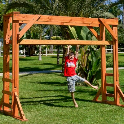 Custom Sheldon's Monkey Bars (Options: 7ft H, 9ft L, Douglas-fir, 3/4-inch Diameter Rungs Spaced 6 inches Apart, Standard Step Option, Transparent Premium Sealant). Only 3 ladder steps by custom request. Height of the monkey bars is adjustable to fit kits of all ages! Shows Original design of Monkey Bar that was discontinued in 2018 - if you prefer this old design, let us know).