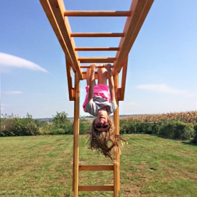 Custom Sheldon's Monkey Bars (Options: 108.5 ft L x 8ft H, Douglas-fir, Standard Step Option, Transparent Premium Sealant). Shows Original design of Monkey Bar that was discontinued in 2018 - if you prefer this old design, let us know).