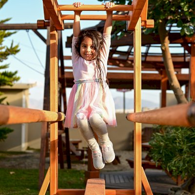 Custom Sheldon's Monkey Bars (Options: 8 ft H, 108.5 ft L, Douglas-fir, Standard Step Option, Transparent Premium Sealant) with Balance Beam and Parallel Bars. Extra Supports Added at the Bottom of the Monkey Bar. Balance Beam Can be Removed and Used Independently.
