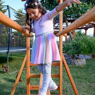 Custom Sheldon's Monkey Bars (Options: 8 ft H, 108.5 ft L, Douglas-fir, Standard Step Option, Transparent Premium Sealant) with Balance Beam and Parallel Bars. Extra Supports Added at the Bottom of the Monkey Bar. Balance Beam Can be Removed and Used Independently.