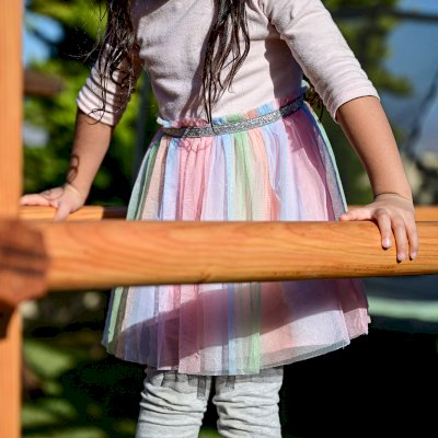 Custom Sheldon's Monkey Bars (Options: 8 ft H, 108.5 ft L, Douglas-fir, Standard Step Option, Transparent Premium Sealant) with Balance Beam and Parallel Bars. Extra Supports Added at the Bottom of the Monkey Bar. Balance Beam Can be Removed and Used Independently.
