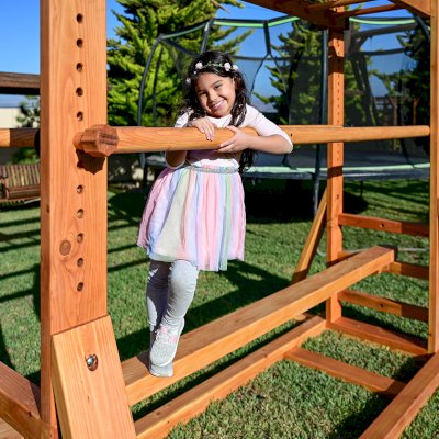 Custom Sheldon's Monkey Bars (Options: 8 ft H, 108.5 ft L, Douglas-fir, Standard Step Option, Transparent Premium Sealant) with Balance Beam and Parallel Bars. Extra Supports Added at the Bottom of the Monkey Bar. Balance Beam Can be Removed and Used Independently.