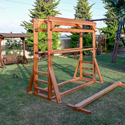 Custom Sheldon's Monkey Bars (Options: 8 ft H, 108.5 ft L, Douglas-fir, Standard Step Option, Transparent Premium Sealant) with Balance Beam and Parallel Bars. Extra Supports Added at the Bottom of the Monkey Bar. Balance Beam Can be Removed and Used Independently.