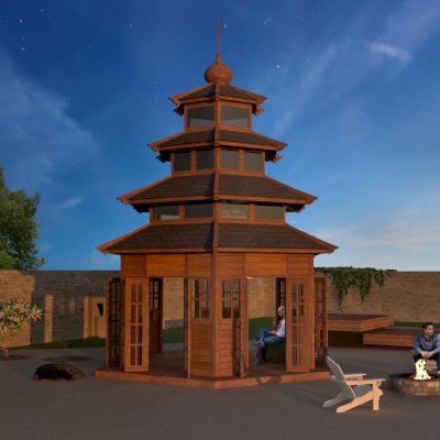 Skyline Sanctuary Pagoda (Rendering Shows: 20ft Diameter, 26ft H (without antenna), Redwood, French Doors, Deck not included).